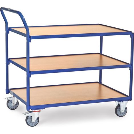 fetra Tischwagen, 3 Holz-Plattformen, Ladefläche 1000 x 700 mm, mit Rand, Schiebegriff hochstehend (1/2)