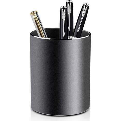 Pot à Crayon en Métal Rond Porte-crayons et Porte-stylo en Aluminium pour Bureau, Enfant et école - 8 x 10 cm - Design élégant Noir (1/4)