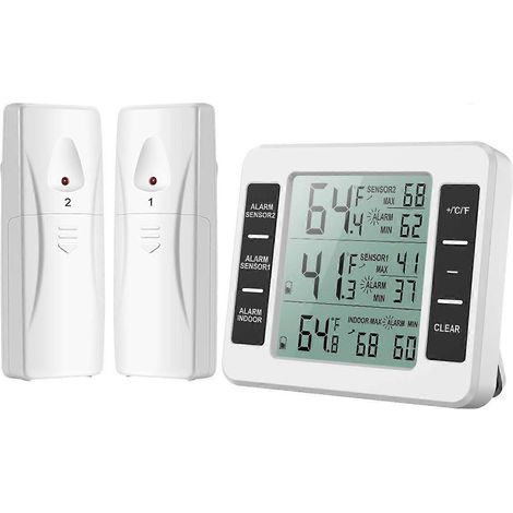 Thermomètre de réfrigérateur, thermomètre de réfrigérateur avec alarme de congélateur, thermomètre sans fil intérieur/extérieur avec 2 capteurs, affichage MIN/MAX et alarme de température, C (1/5)