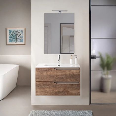 Mobile bagno sospeso 80cm tabacco e tortora con lavabo e specchio Sumya (1/5)