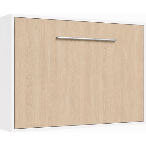 Lit escamotable horizontal avec étagères intérieures BIBLO - Poignée acier brossé 89cm Matelas mousse 18 cm Blanc-Avec matelas-140x190-Cadre Blanc-Façade Chêne clair (1/5)