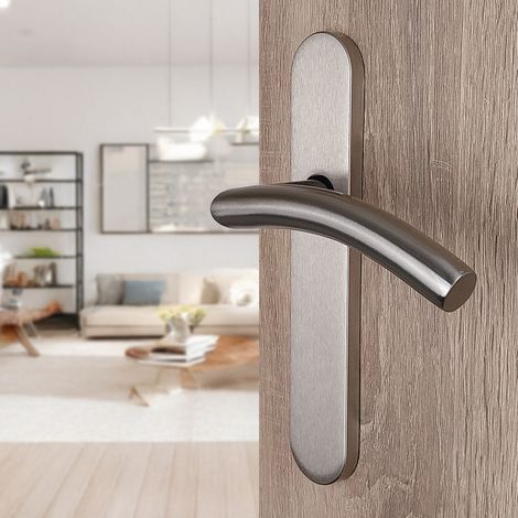 Ouvre&Déco – 2 poignées universelles DUALFIT sur plaque ronde CHRISTIE sans trou, Acier nickel mat bi-entraxe 165-195 (1/5)