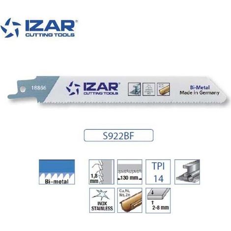Lame de scie sabre Bi-Métal (Pack de 5 PCS) pour Acier/Inox LG.150 mm 14 TPI - IZAR (S922BF)