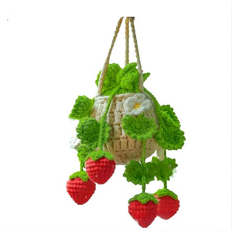 Autoschmuck, dekorative Blätter fürs Auto, handgewebte Artikel, Spiegelornamente, Erdbeeren mit dunklen Blättern, Autoinnenausstattung