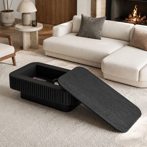 Table basse rectangulaire cannelée de 98 cm avec rangement dissimulé, table basse moderne en placage bois massif, montage facile en 5 minutes, idéale pour le salon, la chambre, un appartement ou un bu (1/5)