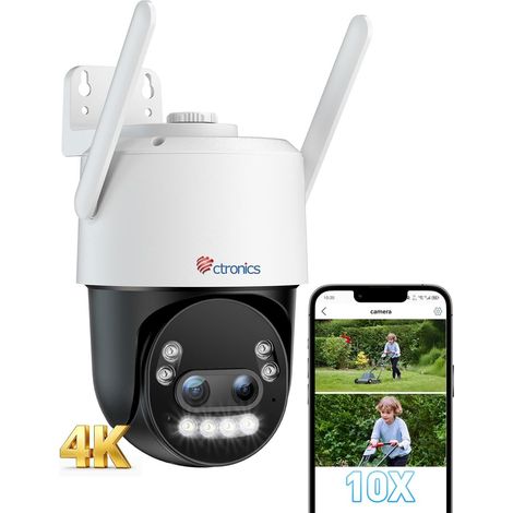 Ctronics Caméra de Surveillance Extérieure 4K Zoom Hybride 10X – WiFi 2,4/5GHz, Suivi Auto, Détection Humain/Véhicule/Animal, Vision Nocturne Couleur
