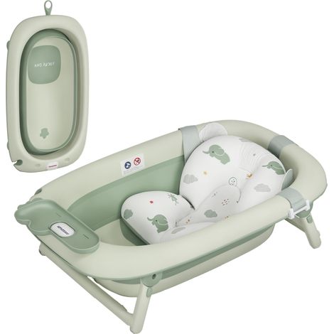 AIYAPLAY bañera plegable bebé, bañera portátil con cojín de baño, soporte con botón, orificio de drenaje y de ducha, repisa, gancho, verde