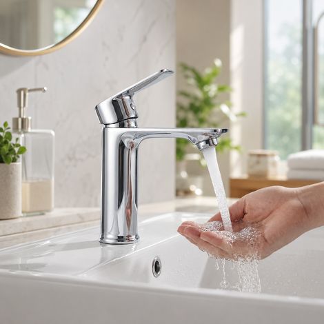 Mitigeur Lavabo Salle de Bain, Robinet de Vasque Lave-Main Anti-Éclaboussures en Acier Inoxydable, Hauteur 17cm, Chromé (1/5)