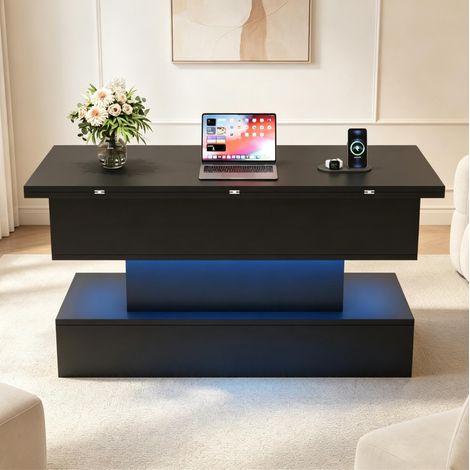 Table basse relevable 100 x 50 x 51,5 cm avec LED, prises USB et rangement noir HAVRYA (1/5)