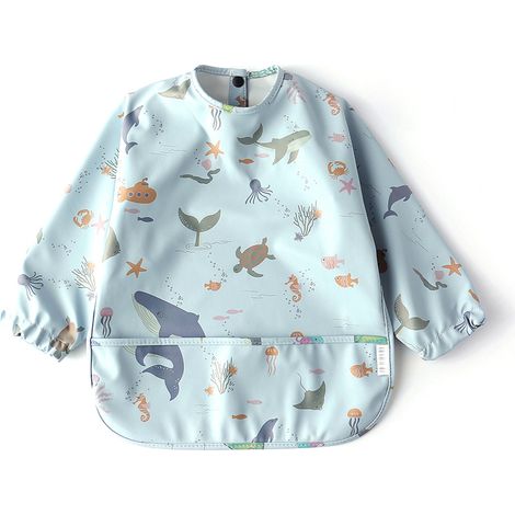 Tablier imperméable pour bébé avec poche, manches longues, motif dinosaure bleu, taille S 6-12 mois, lavable et doux (1/5)