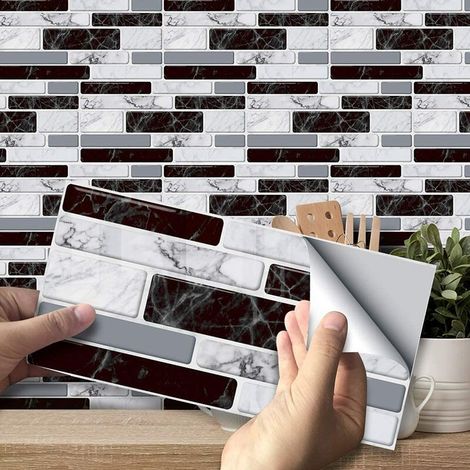 Carrelage Adhesif Mural Autocollant Etanche Carreau Ciment 3D Stickers en PVC pour Cuisine, Salle de Bain, Salon 20  10CM 27PCS (Noir-Blanc-Gris) (1/5)