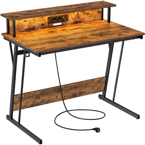 Bureau gaming ergonomique avec rehausseur d'écran pour 2 ordinateurs 60 x 100 x 76 cm en aggloméré marron rustique (1/2)