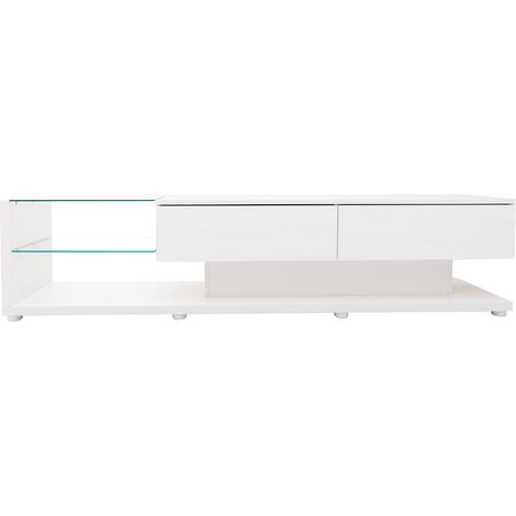 Mobile TV bianco lucido 170 x 36 x 38 cm con 2 cassetti, 2 ripiani in vetro e LED regolabile (1/5)