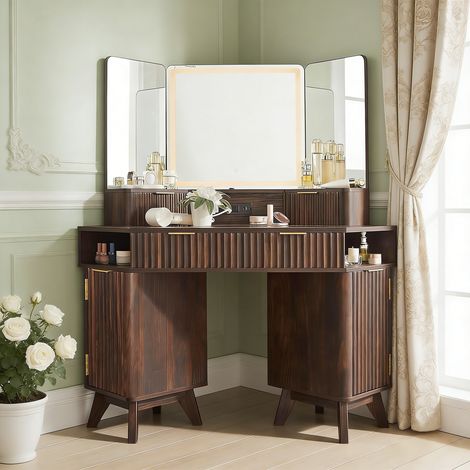 Coiffeuse miroir led Style Fluté 48" Grande Coiffeuse d'angle avec Plateau en Verre, Station de Charge, 3 Tiroirs & Rangements - Pour Chambre - Panneau de Particules Noyer foncé (1/5)