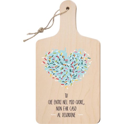 Lupia - Tagliere Decorativo con Manico, Frasi e disegni a Tema, colorato, Souvenir Artigianale, Appendibile in Cucina, Made in Italy, Legno multistrato 15x29 cm - CUORE IN DISORDINE (1/4)