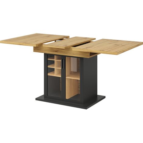 Ausziehbarer Esstisch 110-140x80 cm, MDF schwarz, mit Vitrine und Flaschenregal (1/5)