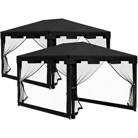 2er-Set  pavillon Partyzelt 4 x 3 m Gartenpavillon mit Netz-Seitenwänden für Balkon Terrasse, Metall PE Dunkelgrau, ideal für Feste & Veranstaltungen
