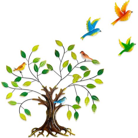 Décoration murale métallique « Arbre de vie » avec feuilles vertes et colibris, cadeau inspirant pour votre maison ou votre jardin - 24.4 inch de diamètre (1/5)