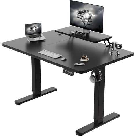 Devoko Bureau assis-debout électrique 120x60 cm, hauteur réglable 73-118 cm, 2 positions mémoire, étagère de rangement, Noir
