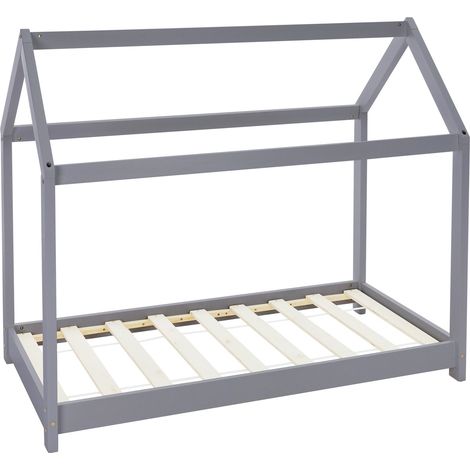 ML-Design Kinderbett 70x140 cm mit Dach und Lattenrost, Hellgrau, Hausbett für Mädchen und Jungen, Kinderhaus aus massivem Kiefernholz, Bodenbett Jugendbett, Kinder Bett, Bettenhaus Spielbett Holzbett