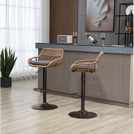 Set de 2 taburetes de bar 49x48x89-109 cm gris en lino con altura regulable y giro 360° (1/5)