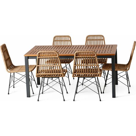 Salon de jardin 6 places avec table en bois naturel et chaises en résine tressée BAGO