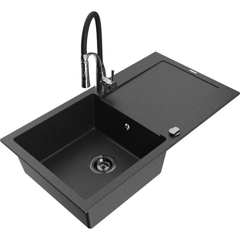 Mexen Leo évier en granit 1 bac avec égouttoir et robinet de cuisine Aster, noir/métallisé argent - 501-73-73450-07-B (1/5)