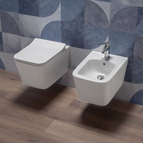 Sanitari Squadrati Sospesi Rimless a Risparmio Idrico con sedile Softclose Kerm (1/5)