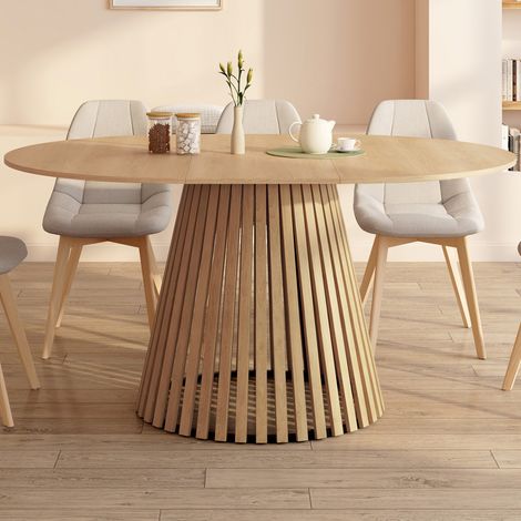 CARMEN mesa de comedor redonda extensible 4-8 personas con patas de listones de madera y tablero de madera de 110 - 150 cm