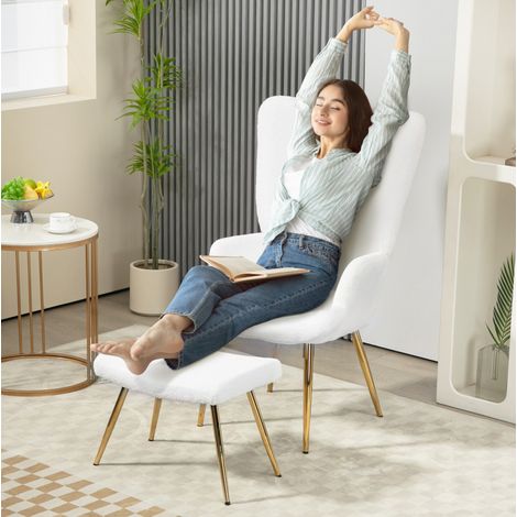 Fauteuil relax avec repose-pieds en polyester blanc, pieds en acier, 73 x 68 x 111 cm (1/5)