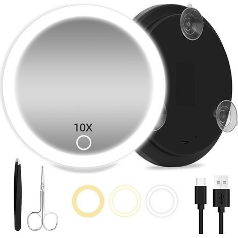 10-fach vergrößernder Spiegel, wiederaufladbare LED-Lampe mit 3 Modi, kompakt (15 cm), Saugnäpfe, ideal für unterwegs (1/5)