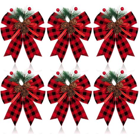 Lot de 6 nœuds de Noël, nœuds en ruban à carreaux avec pommes de pin, décorations pour sapin de Noël (1/5)