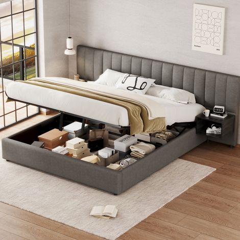 letto contenitore 180x200 con 2 comodini lino grigio OKMYHOME (1/5)