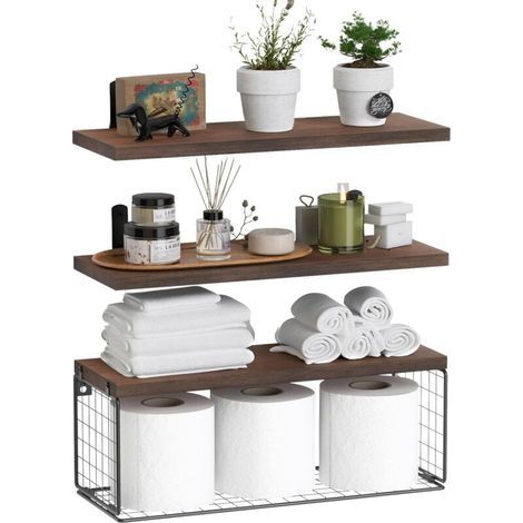 Set of three bathroom shelves with metal basket, ideal for wall decoration - vintage brown (1/5)