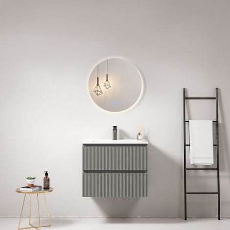 Mobile bagno sospeso cannettato 60 cm Grigio Londra Lavabo in Ceramica Specchio Tondo Retroilluminato - Fiji Paint