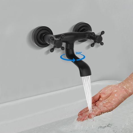 【Chauffage et ventilation】Robinet de baignoire en acier inoxydable, robinet de baignoire mural à deux poignées, robinet de baignoire pour eau chaude et froide, noir (1/5)