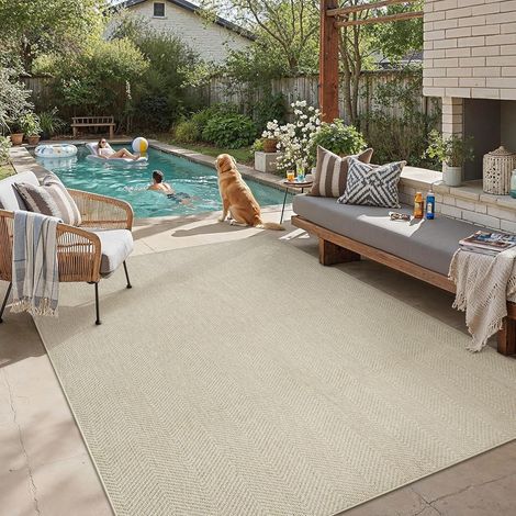 Tapis Exterieur Resistant Pluie 160x230cm Taupe Terrasse Carpet Salon,Extérieur Grand Rug,Antidérapant Lavable,Balcon Rugs,Jardin Carpets,Descente De Lit,Salle A Manger,Moderne,Jute Aspect (1/5)