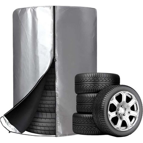 Housses Pneus Auto Universelle Housse Pneu Etanche A l'eau Pneus Housse Stockage Anti Poussière Couverture de Sac de Pneu Fermetures Eclair 420D Oxford Argenté pour 4 Pneus (85 120cm)