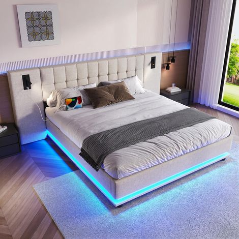 Lit Double rembourré 180x200 cm, avec Bande Lumineuse LED Multicolore et USB, tête de lit avec spot, sans matelas - Beige (1/5)