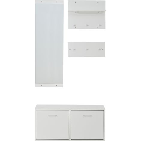 Set de recibidor de 4 piezas con espejo, zapatero de 90 x 30 x 41,5 cm y 6 ganchos, blanco (1/5)
