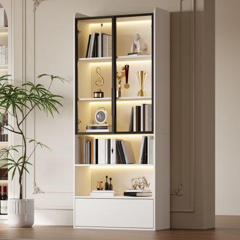 Modernluxe - Vitrine 80x34x180 cm - avec 1 tiroir et portes vitrées - avec éclairage LED et compartiment ouvert - Blanc (1/5)