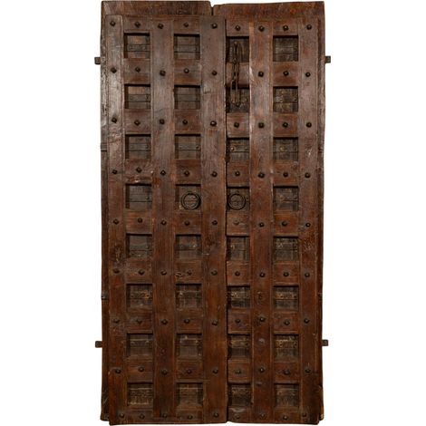 Porte coulissante médiévale ancienne en bois massif et en fer pour l'intérieur ou l'extérieur (1/5)