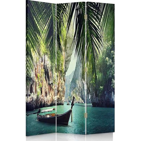 Paravent Décoratif Bateau Tropique pour Intérieur Zen - 110 x 180 cm - 1 face déco, 1 face noir