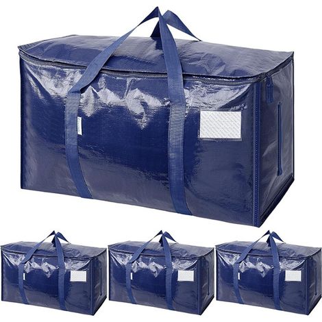 Sacs de déménagement tissés épais, grande capacité de rangement pour vêtements et couettes, pliables pour le voyage, bleu roi et bleu marine, lot de 4, en polyéthylène neuf. (1/5)