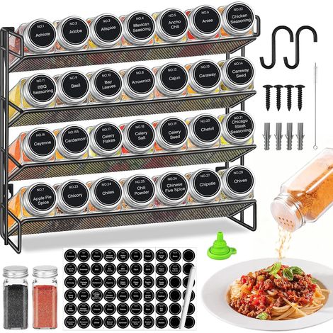 Spice Rack 4 Tier Standing and Wall Mounted Spice Rack - 28 Empty Spice Rack with Rack and 432 Spice Labels - Spice Rack No Drilling for Kitchen Cabinet Pantry (1/5)