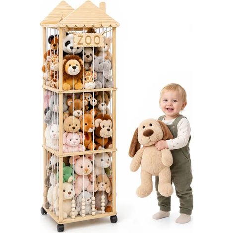 Étagère de rangement en bois pour peluches 146 x 42 x 42 cm, roulettes pivotantes 360° verrouillables, pour chambre d’enfant, salle de jeux et chambre