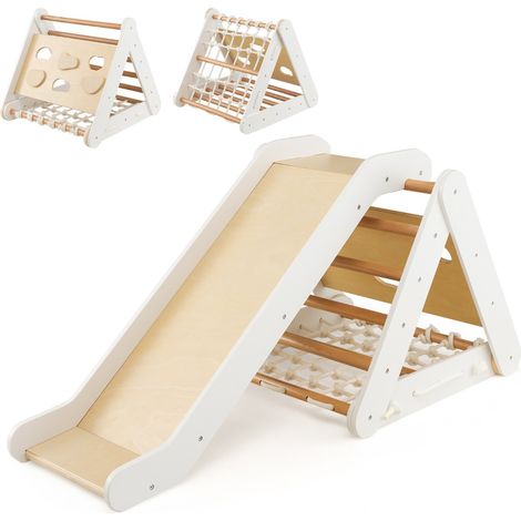 Arrampicata in legno per bambini 4-in-1 con scivolo, Arrampicata a triangolo per interni con rete Bianco (1/4)