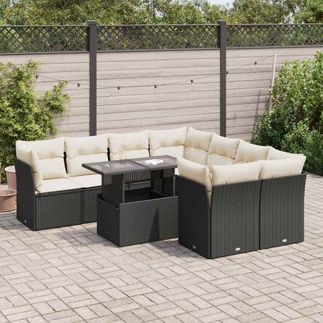 Ensemble Jardin 9 Places Résine Tressée Noir avec Coussins Crème - 4 Sièges Centraux + 4 Coins + Table Verre Modulable (1/5)