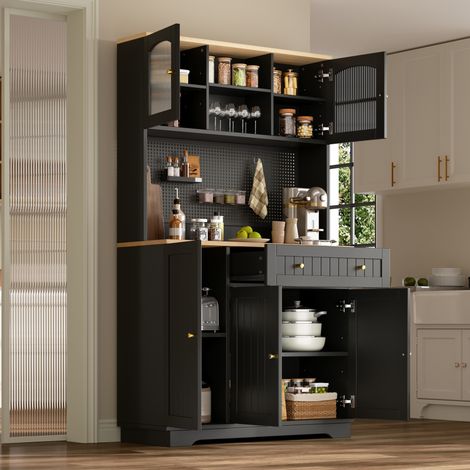 Buffet vitrine haut 103,5x40x180 cm, 6 niches, étagères réglables, panneau perforé - noir (1/5)