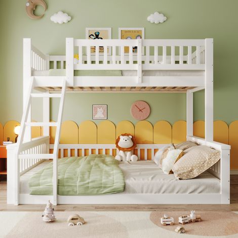 Lit superposé enfant 90x200cm et 140x200cm Lit double enfants avec escaliers et rampes de sécurité structure en bois massif Blanc (1/5)